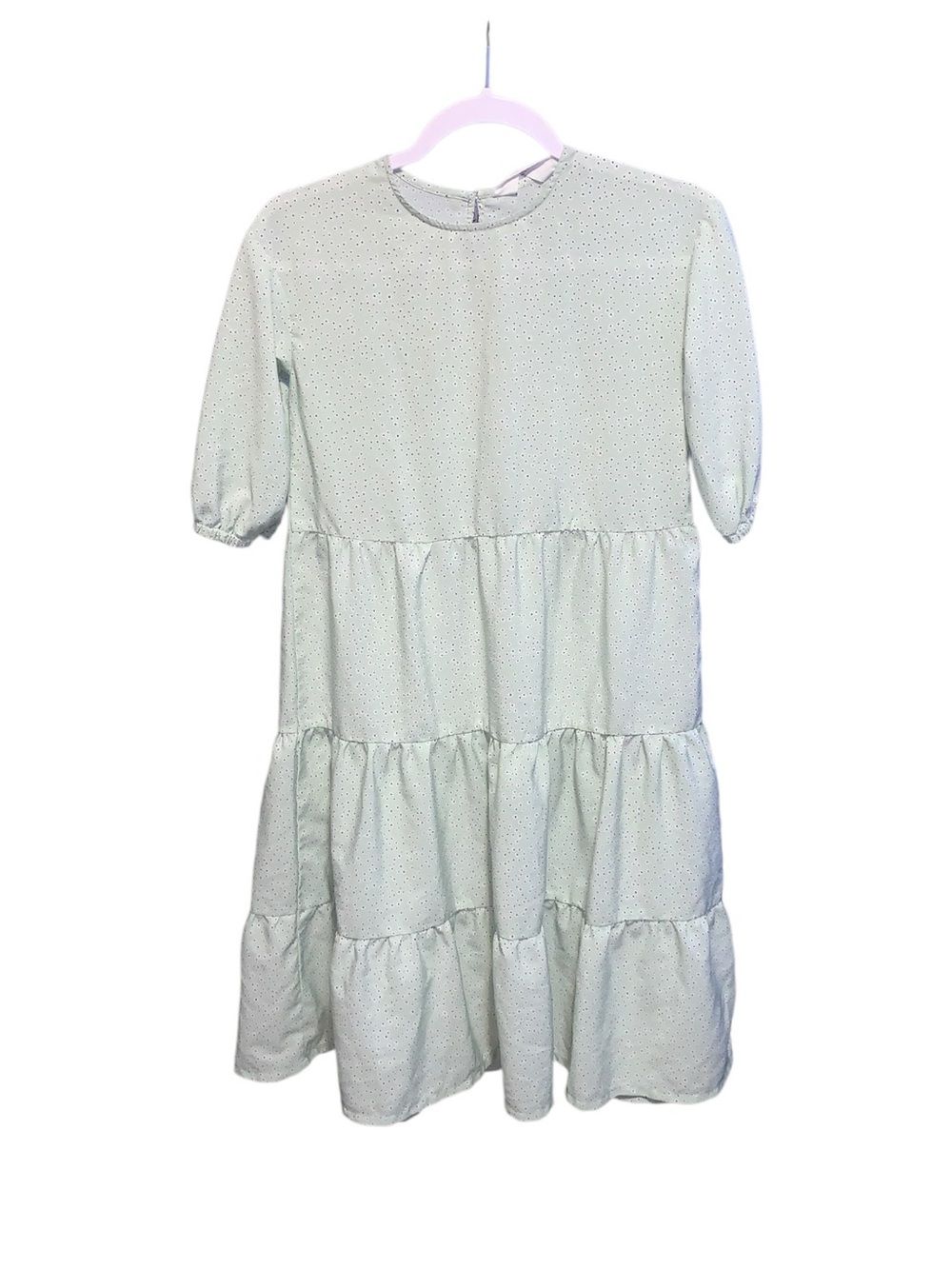 H&M Girls 12 Mint Sage Green Polka Dot Tiered Dress Lightweight Puff Sleeve
